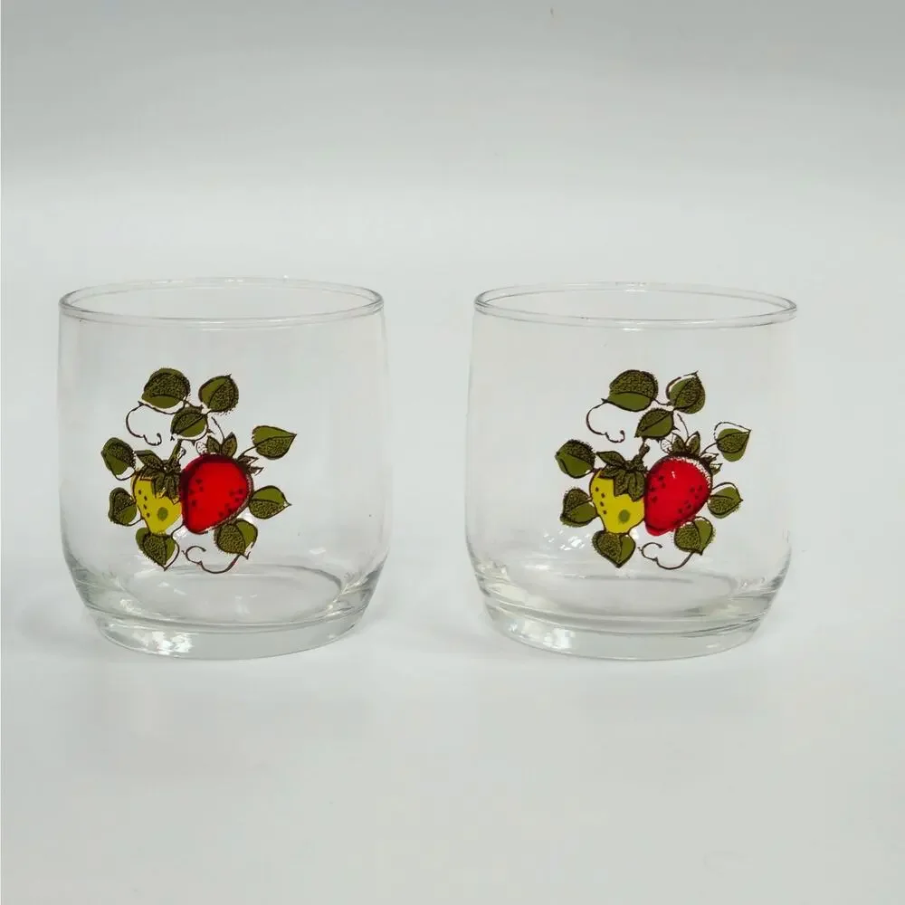 Vintage 1970s Mid Century Strawberry Fields Juice or Rocks Glasses - Pair